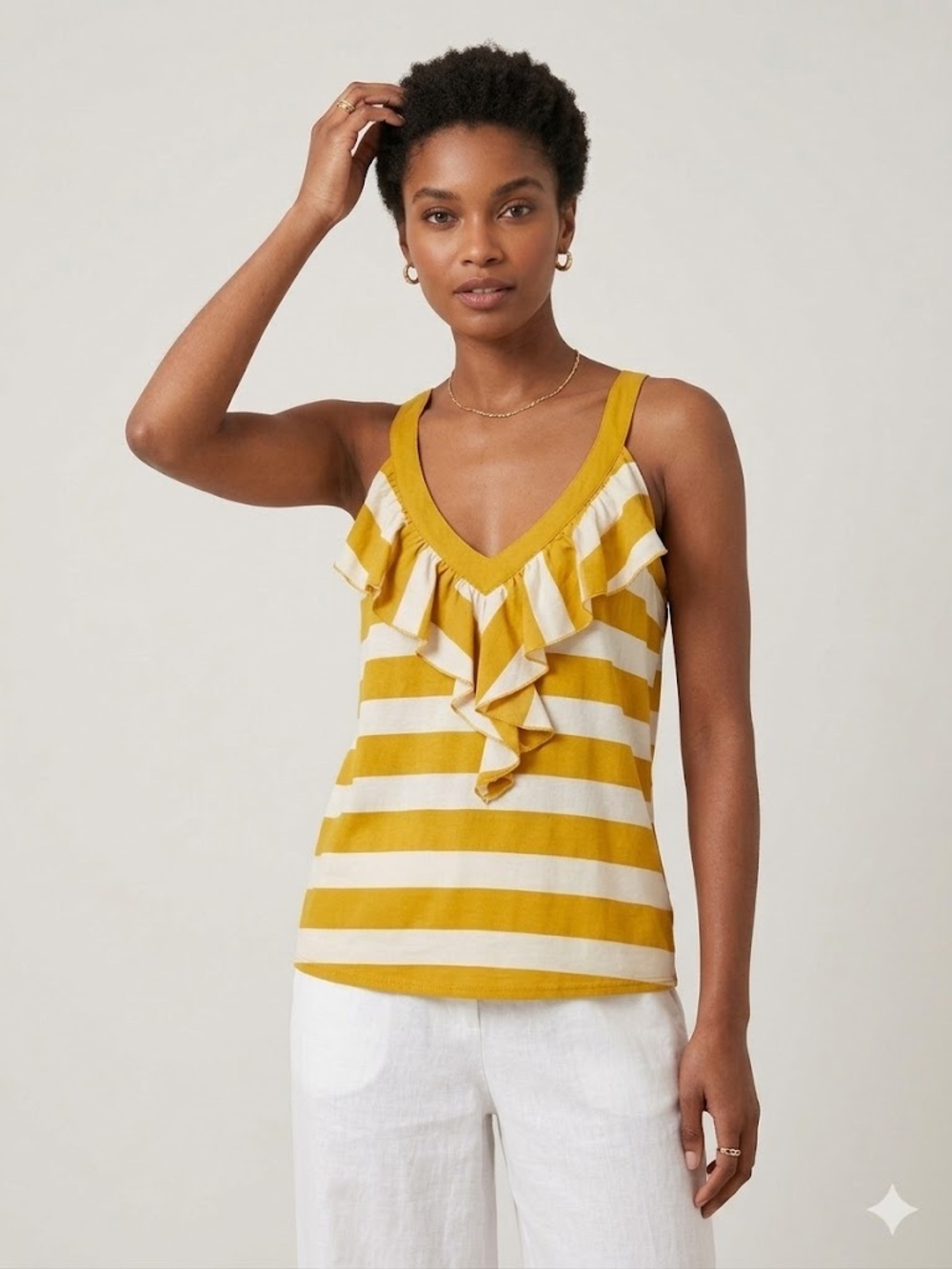 Naf Naf Striped Viscose Ruffle Front Tank Top